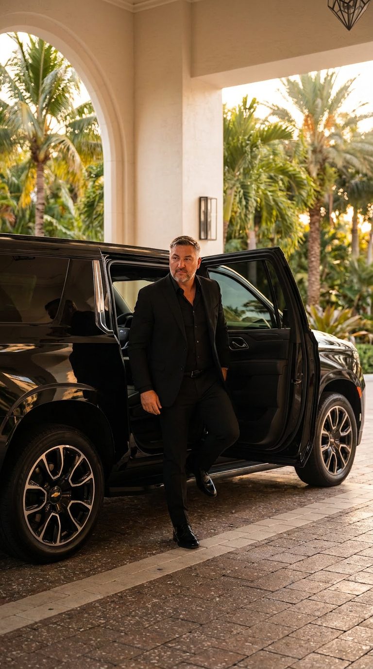 Founder of Onyx Executive Miami stepping from a black Chevrolet Suburban at a South Florida resort